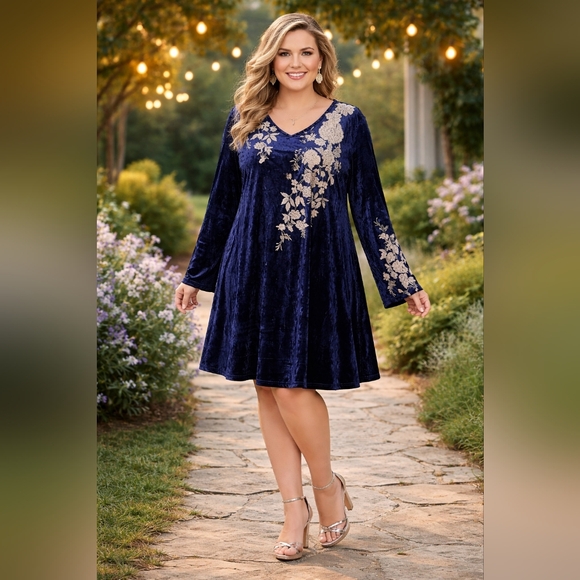 ANDREE BY UNIT Dresses & Skirts - Andrée by Uni 2X Navy Velvet Floral Embroidered Bell Sleeve Boho Party Dress